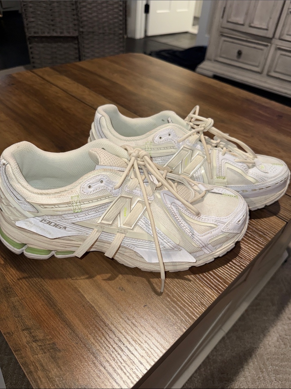 New Balance Women’s Cream/White Sneakers with Pale Green Accents